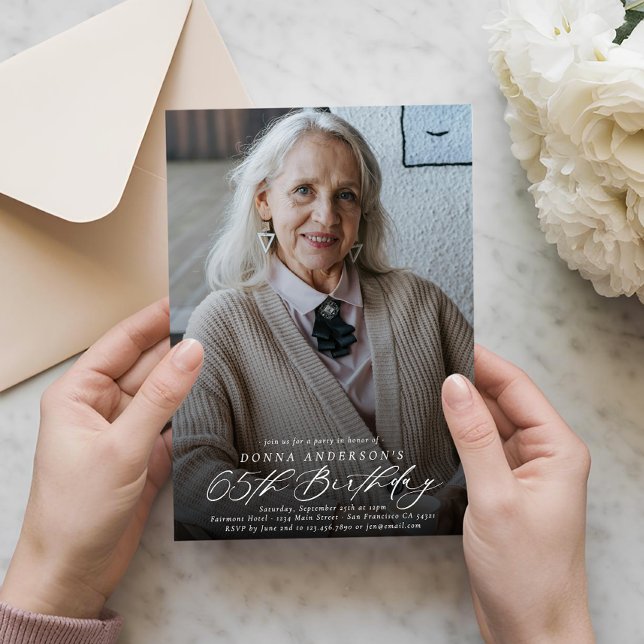 Modern Elegant 65th Birthday Party Photo Invitation (Creator Uploaded)
