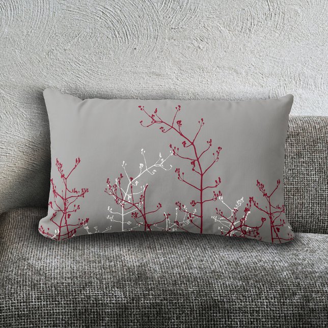 Modern Elegant Abstract Burgundy Flowers Grey Lumbar Cushion (Creator Uploaded)