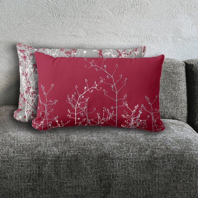 Modern Elegant Abstract Grey Flowers on Burgundy Lumbar Cushion (Creator Uploaded)