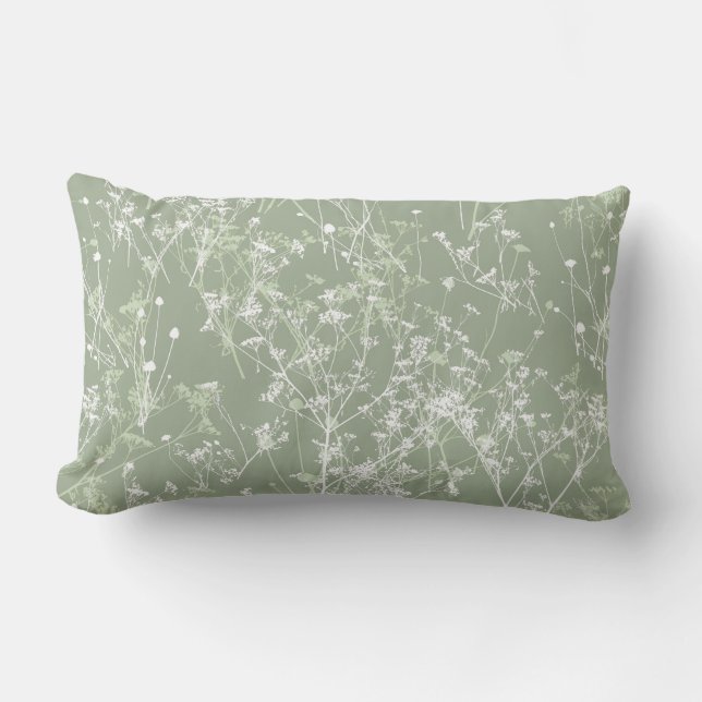 Modern Elegant Abstract Sage Green Floral Lumbar Cushion (Front)
