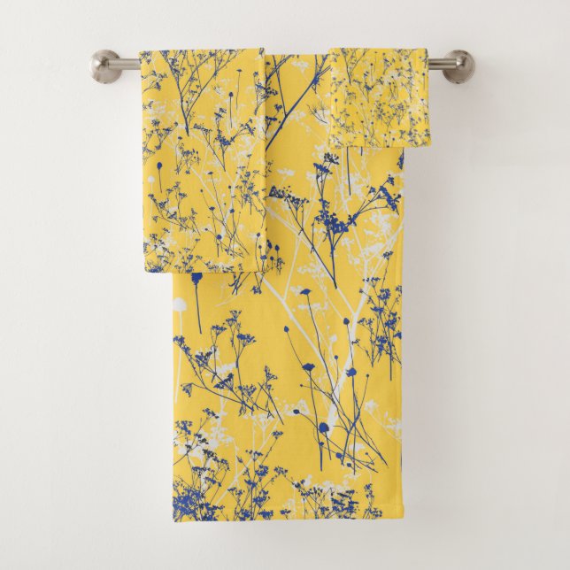 Modern Elegant Abstract Wildflowers Mustard Yellow Bath Towel Set (Insitu)