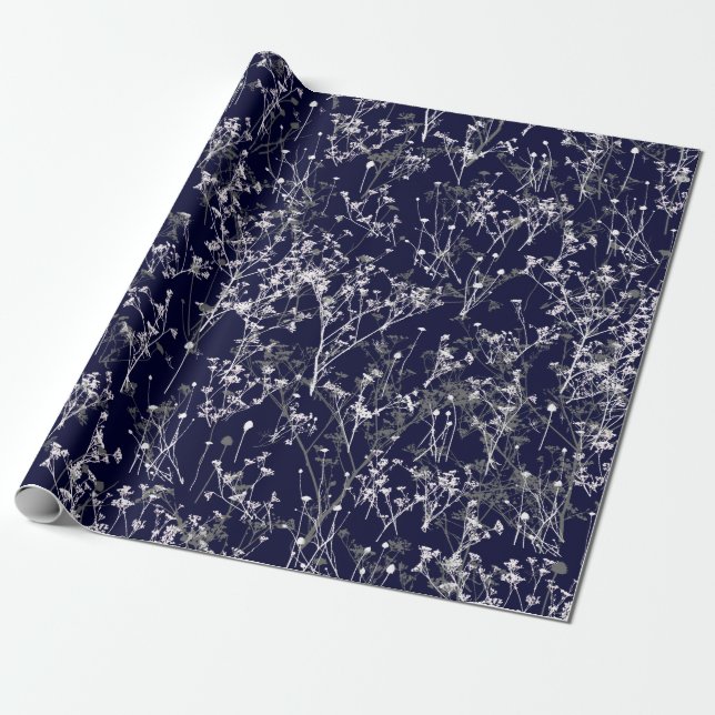 Modern Elegant Abstract Wildflowers on Navy Blue Wrapping Paper (Unrolled)