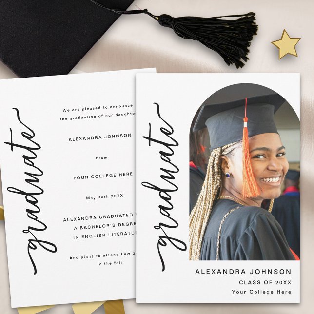 Modern Elegant Arch Photo Announcement (Modern elegant arch photo white and black script graduation announcement card)