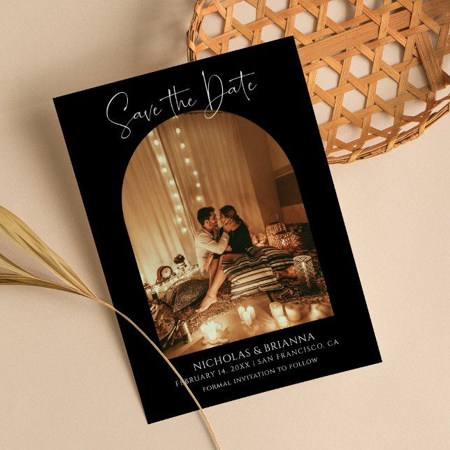 Modern Elegant Arch Photo Black White Boho Wedding Save The Date (Creator Uploaded)