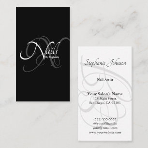 Modern Elegant B&W Monogram Typography Nail Artist Business Card