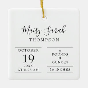 Modern Elegant Baby Birth Stats Photo Ceramic Ornament