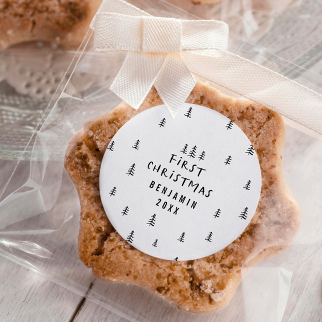 modern elegant baby first christmas baby classic round sticker (Creator Uploaded)