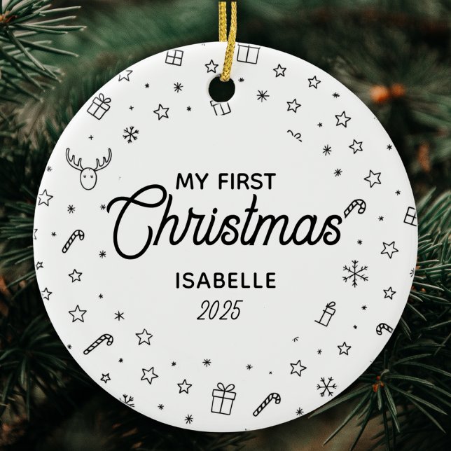 Modern Elegant Baby First Christmas Photo Ceramic Ornament (Creator Uploaded)