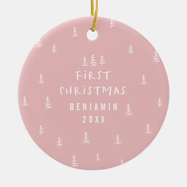 modern elegant baby first christmas pink ceramic ornament (Front)