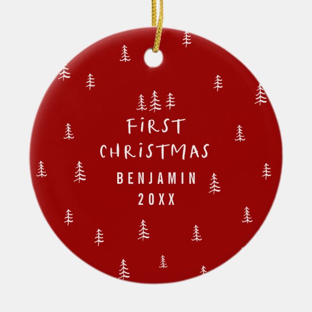 modern elegant baby first christmas red ceramic ornament (Front)