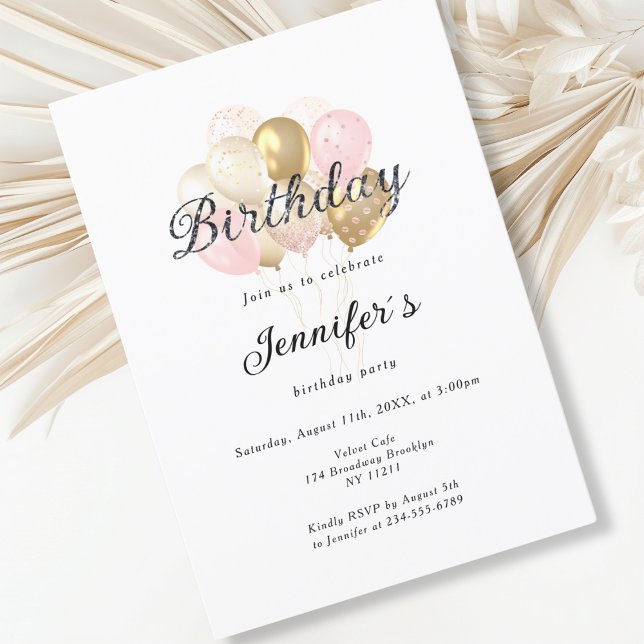 Modern, elegant balloon invitation (Modern, elegant, balloon, white-gold-pink invitation)
