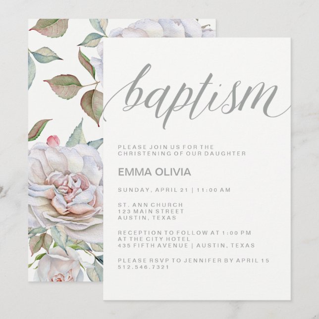 Modern Elegant Baptism | Delicate Floral Back Invitation (Front/Back)