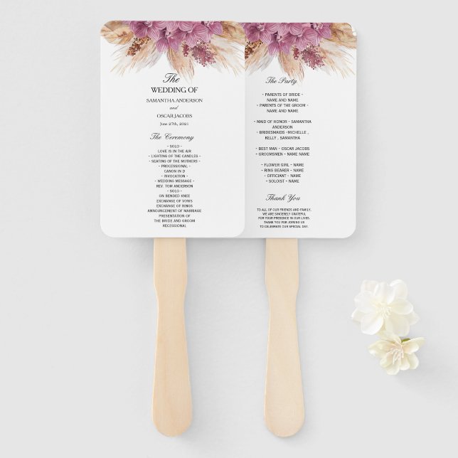 Modern Elegant Beauty Pink Orchid & Pampas & Gold  Hand Fan (Front and Back)