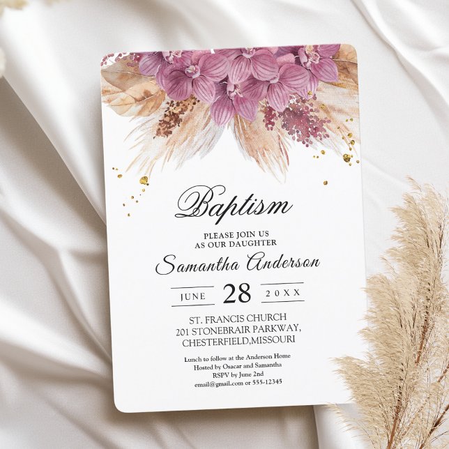 Modern Elegant Beauty Pink Orchid & Pampas & Gold  Invitation (Creator Uploaded)