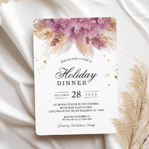Modern Elegant Beauty Pink Orchid & Pampas & Gold  Invitation