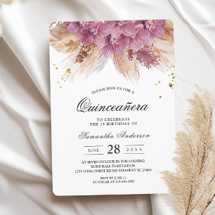 Modern Elegant Beauty Pink Orchid & Pampas & Gold  Invitation