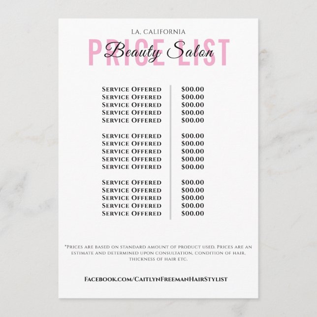 Modern Elegant Beauty Salon Price List Menu (Front)