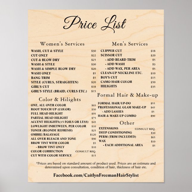 Modern Elegant Beauty Salon Price List Poster (Front)