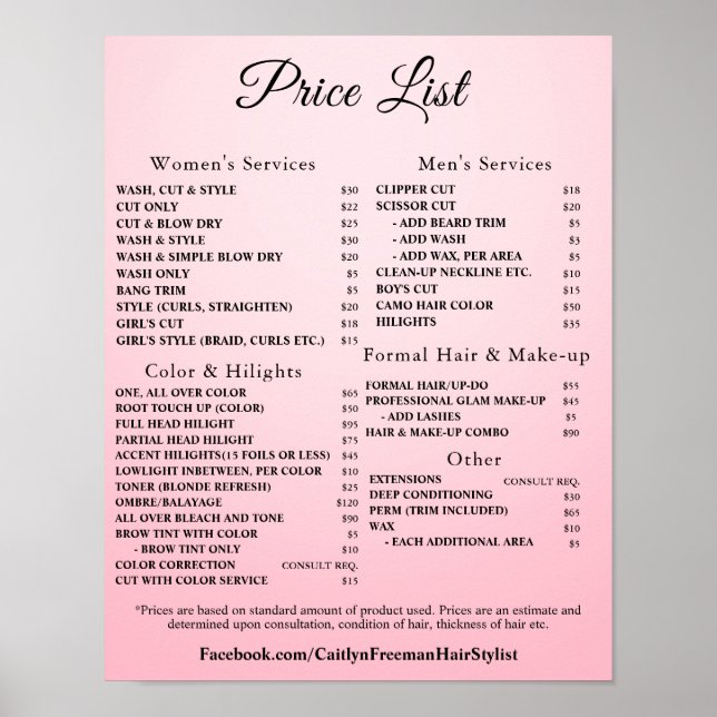 Modern Elegant Beauty Salon Price List Poster (Front)