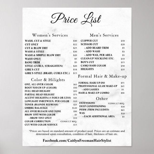Modern Elegant Beauty Salon Price List Poster (Front)