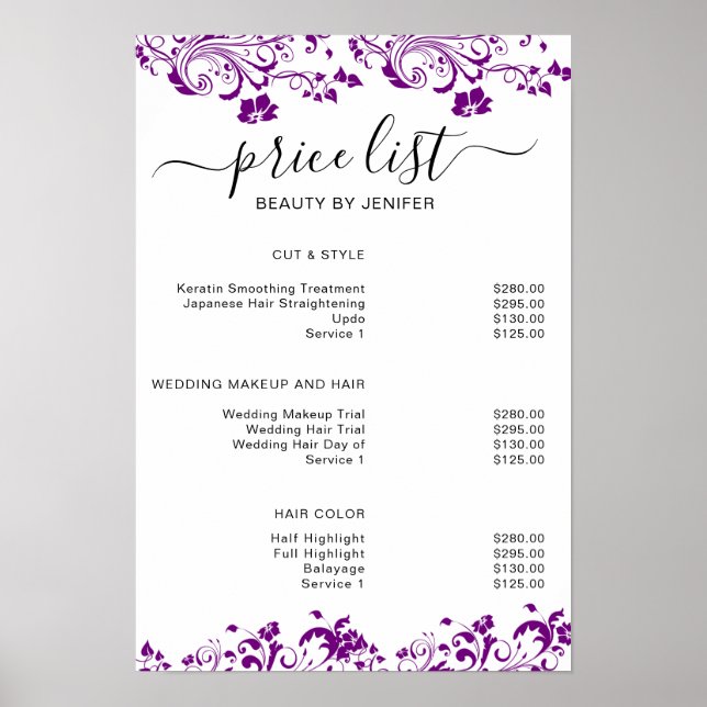 Modern Elegant Beauty salon price list Poster (Front)