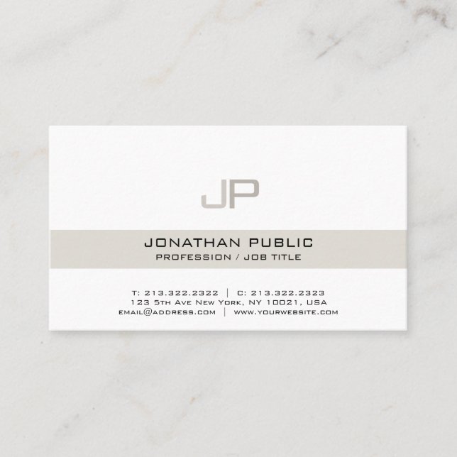 Modern Elegant Beige White Chic Monogram Business Card (Front)