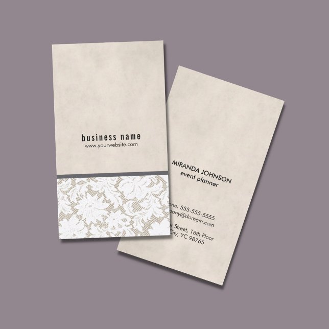 Modern Elegant Beige White Lace Event Planner Business Card (Creator Uploaded)