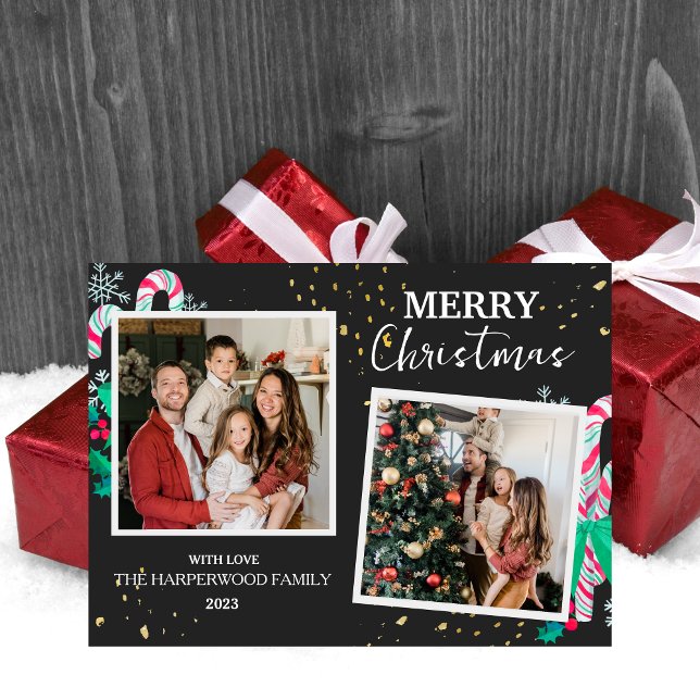 Modern Elegant Berries Christmas Family 2 Photo Holiday Card (Creator Uploaded)