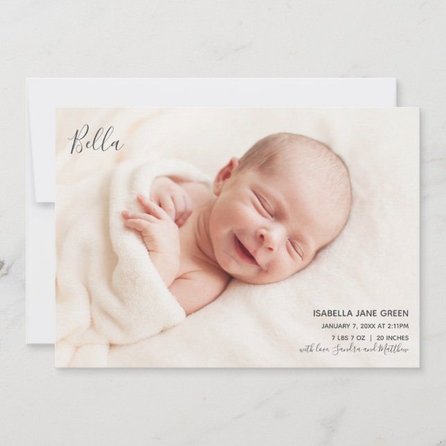Modern Elegant Birth Announcement Photo Card (Front)