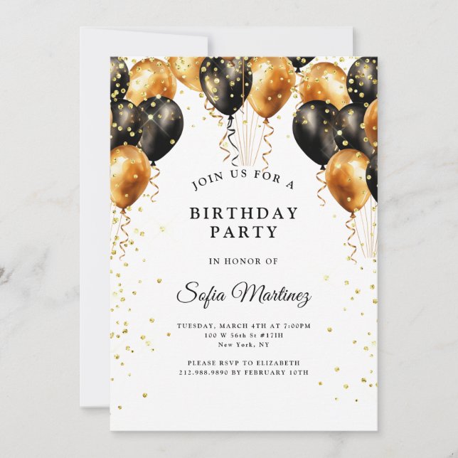 Modern Elegant Birthday Party Black Gold On White Invitation (Front)