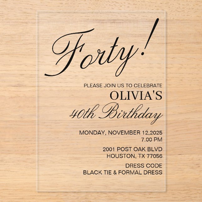 Modern Elegant Birthday Party Black Text Acrylic Invitations (Front)