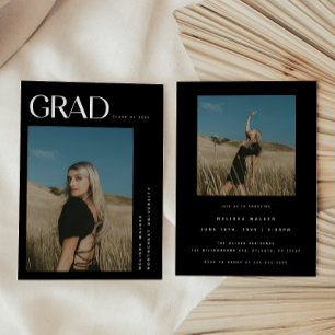 Modern Elegant Black 2-Photo Graduation Party Invitation
