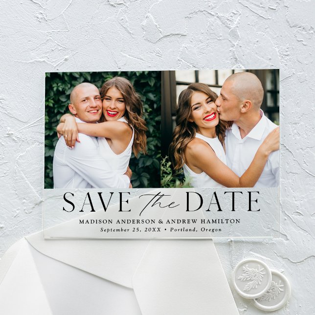 Modern Elegant Black 2 Photo Save the Date Acrylic Invitations (Creator Uploaded)