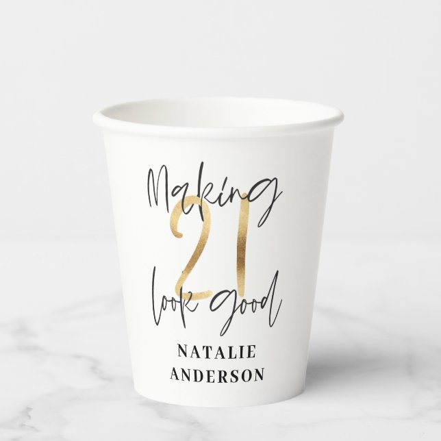 modern elegant black and gold 21st birthday party  paper cups (Front)