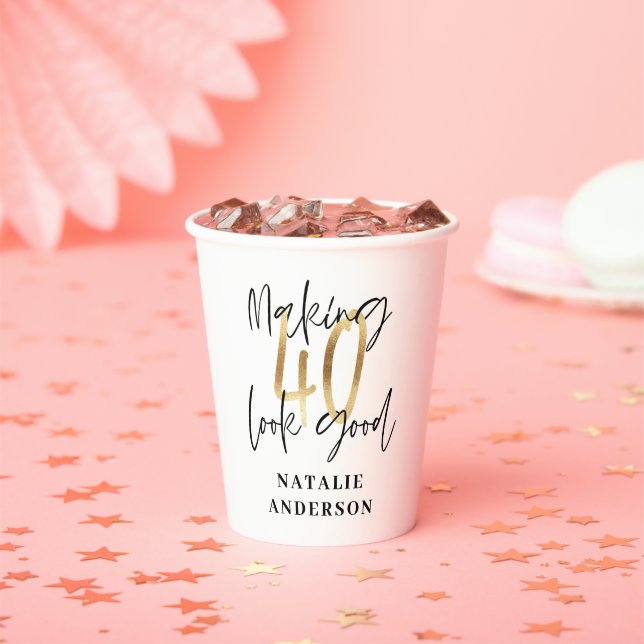 modern elegant black and gold 40th birthday paper cups (Insitu)