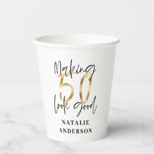 modern elegant black and gold 50th birthday party paper cups