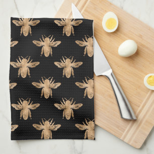 Modern Elegant Black and Gold Bee Pattern Kitchen  Tea Towel