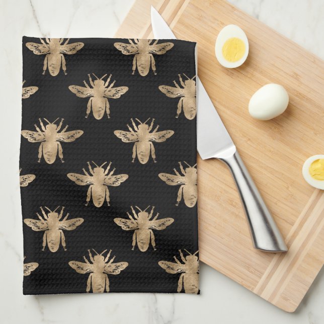 Modern Elegant Black and Gold Bee Pattern Kitchen  Tea Towel (Quarter Fold)