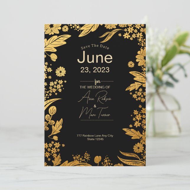 Modern Elegant Black And Gold Floral Save the date (Standing Front)