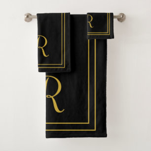 Modern Elegant Black and Gold Monogram Bath  Towel Set