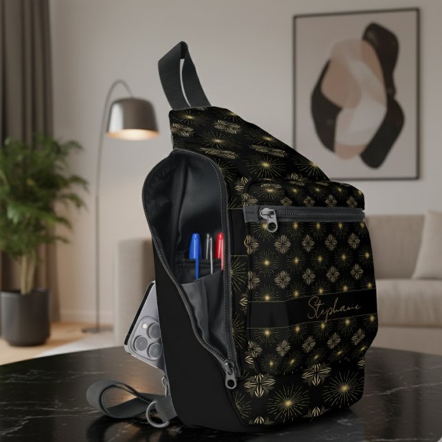 Modern Elegant Black And Gold Monogram Name Sling Bag (Creator Uploaded)