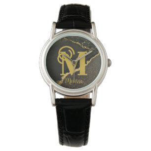 Modern Elegant Black and Gold Monogram name Watch