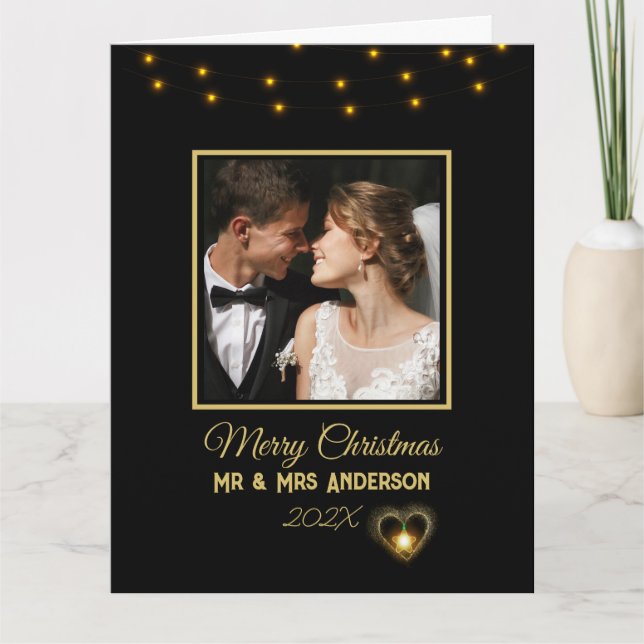 Modern Elegant Black and Gold Mr and Mrs Christmas Card (Front)