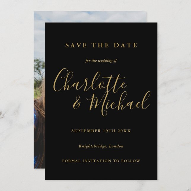 Modern Elegant Black And Gold Script Photo Save The Date (Front/Back)