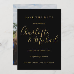 Modern Elegant Black And Gold Script Photo Save The Date