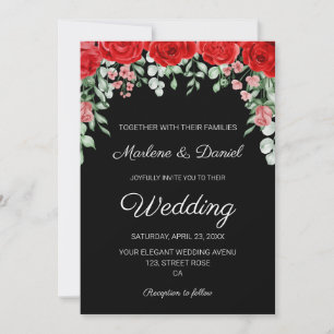 Modern Elegant Black And Red Floral Wedding Invitation