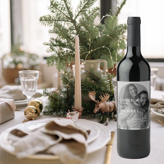 Modern Elegant Black And White Arch Photo Wedding  Wine Label (Creator Uploaded)