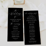 Modern Elegant Black and White Calligraphy Wedding Program<br><div class="desc">This elegant wedding program features the phrase "The Wedding of" in graceful white calligraphy against a bold black background, setting the tone for a sophisticated celebration. Customise it with your names, wedding date, and ceremony details in striking white lettering, providing guests with all the essential information. The program reverses to...</div>