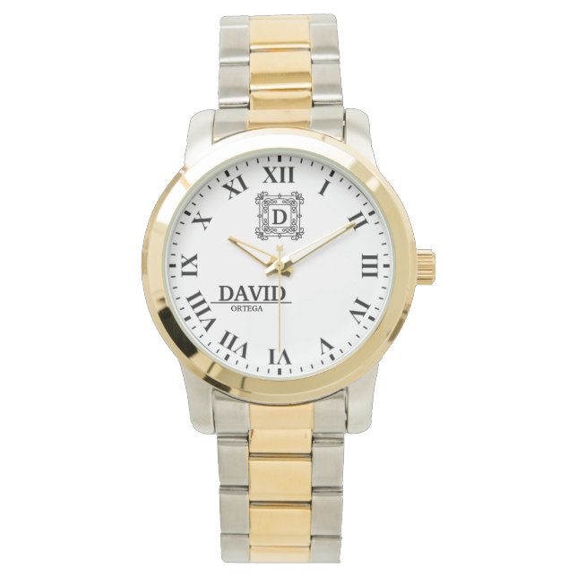 Modern Elegant Black and White Custom Name Watch (Front)