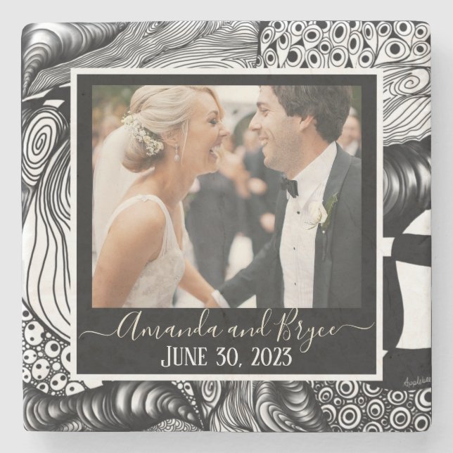 Modern elegant black and white design with photo stone coaster (Front)